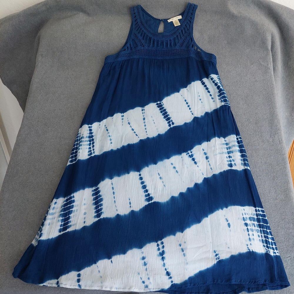 Studio West Blue Tie Dye Crochet Lace Rayon Boho Mini Dress M - Picture 2 of 8
